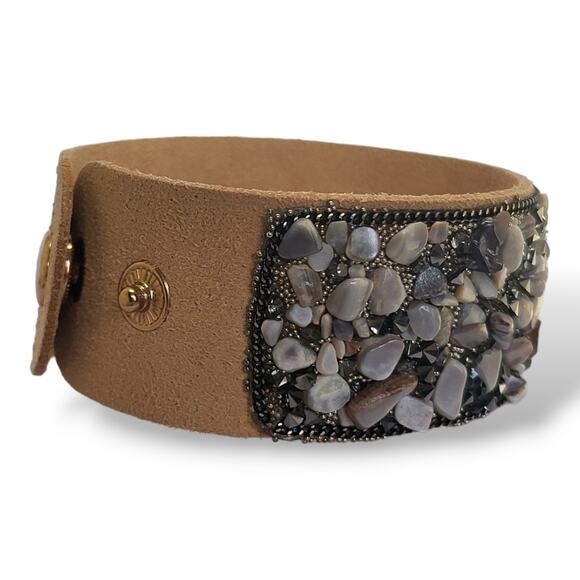 New Tan Suede Leather Tumbled Stone and Hematite Bracelet 7" - Picture 2 of 8